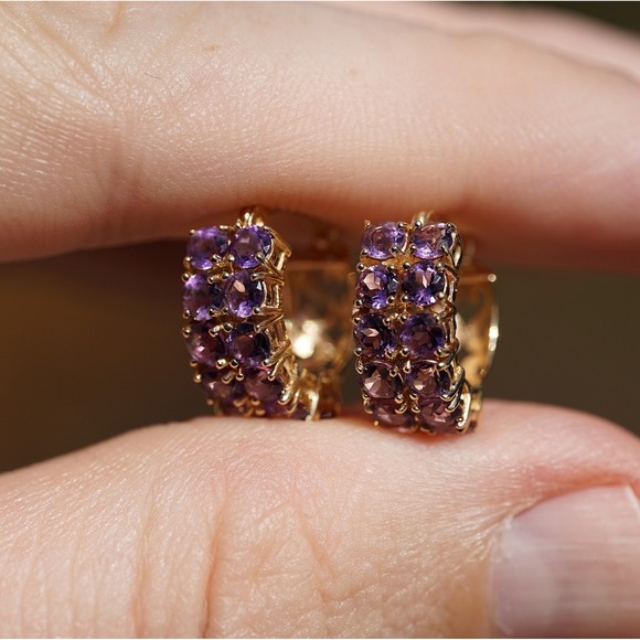 The Unbranded Brand Jewelry - Vintage 14k Solid Yellow Gold Natural Ameythyst Huggie Hoop Earrings - Mexico